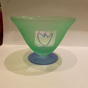 MOUTH BLOWN BLOCK CRYSTAL ART GLASS BOWL.  BLUE & GREEN.
